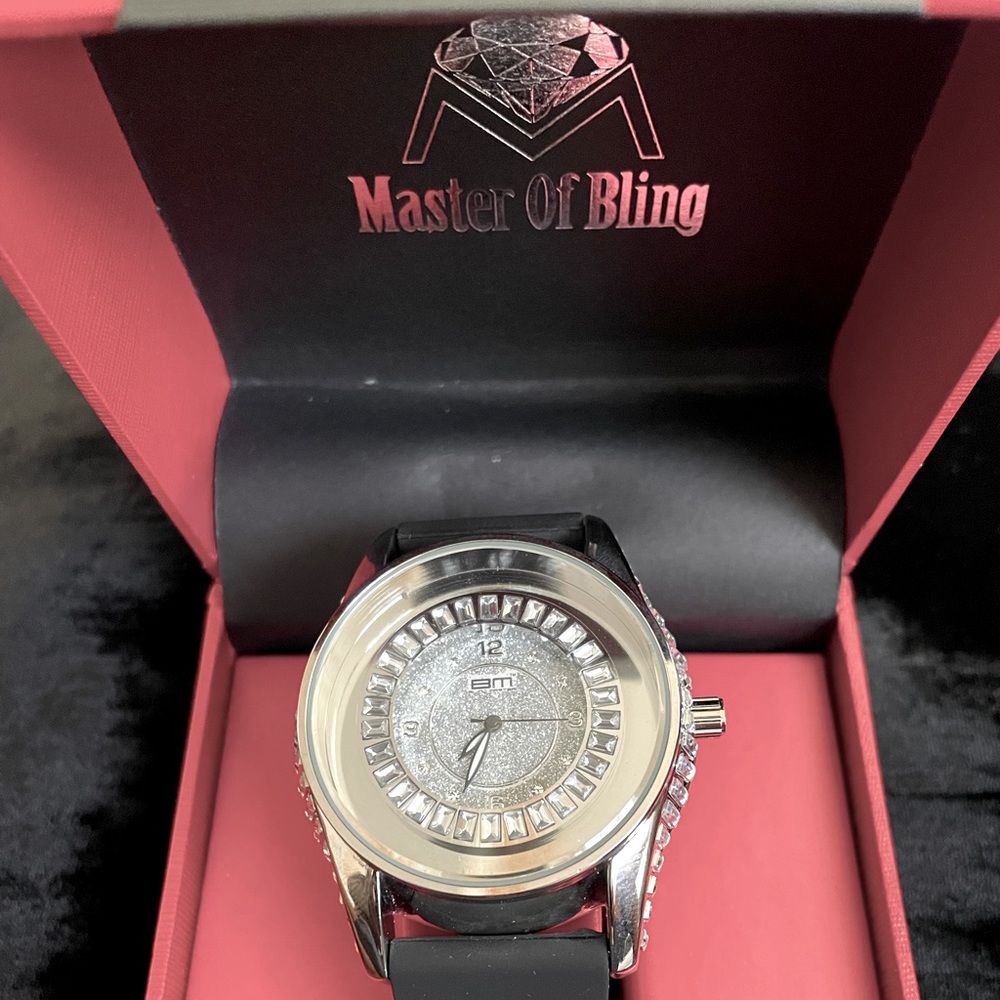 NEW Bling Master Crystal & Black Leather Watch